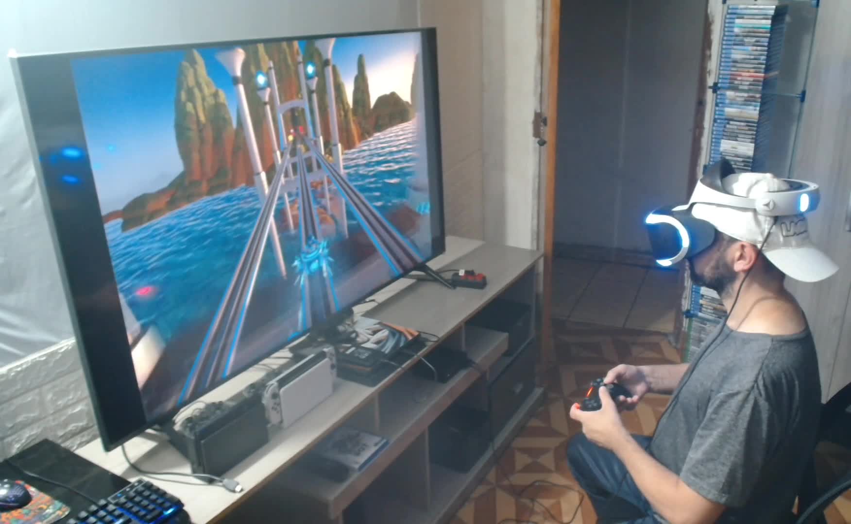 Jogador em realidade virtual imersiva com ação futurista